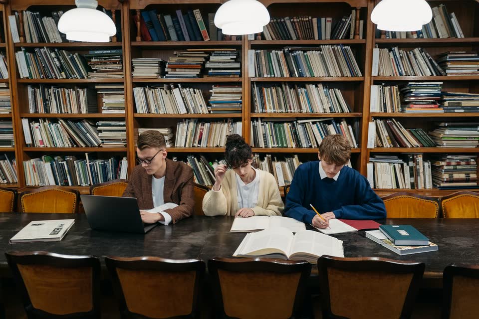 Students studying together in a university library